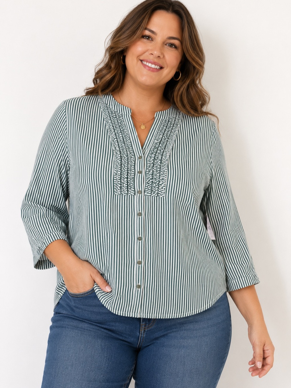 Laura Scott 3/4 sleeved green & white striped top, Size large